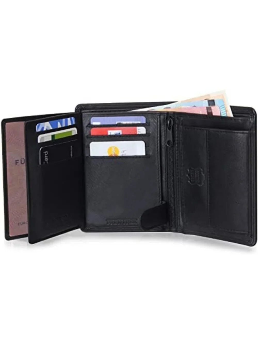 Men's Trifold Nappa Leather Wallet - RFID Protected, 15 Card Slots, Black